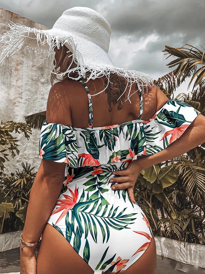Tropical flower print ruffle one-piece swimsuit