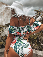 Tropical flower print ruffle one-piece swimsuit
