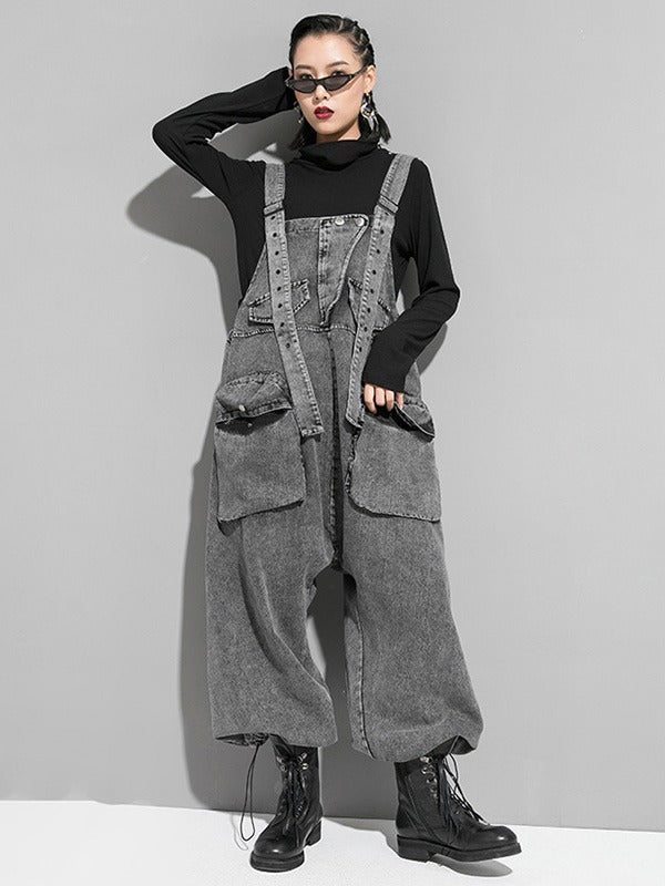 Pockets Split-Joint Loose Sleeveless Overalls Jean Pants Bottoms