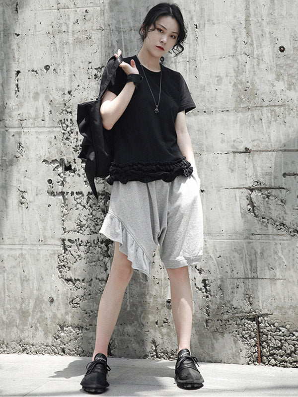 Original Solid Color Falbala Asymmetric Irregularity Shorts