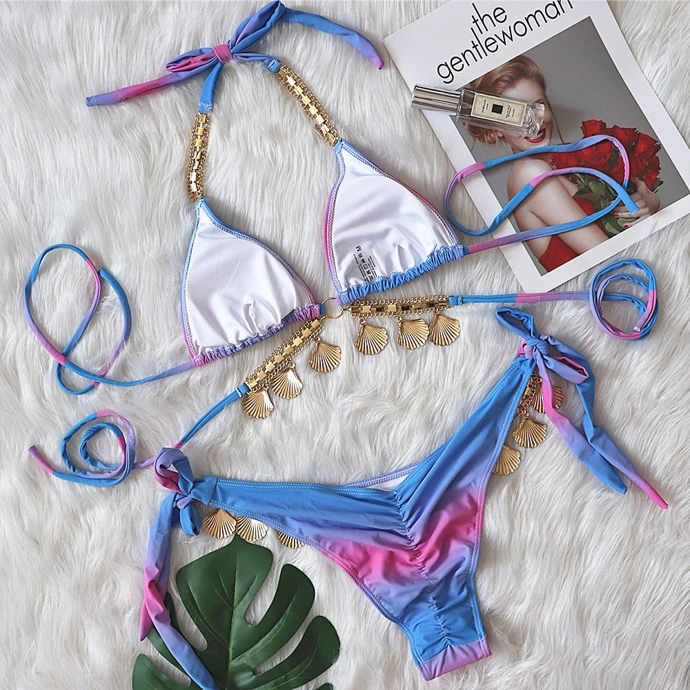 Sexy Strap Gradient Print Crystal Diamond Bikini