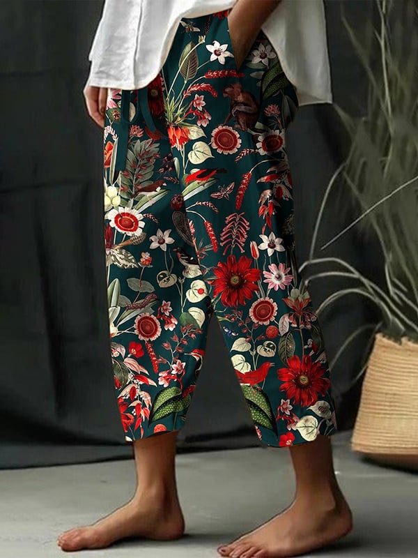 Women's Floral Design Print Lace-Up Loose With Elastic Waist Casual Pants