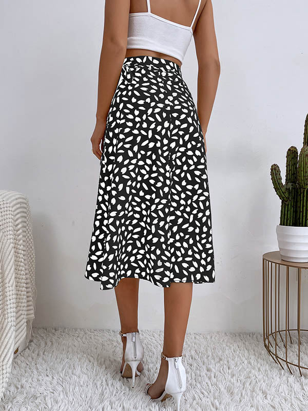 Printed Split-Front Tied Waist A-Line High-Low Skirts Bottoms