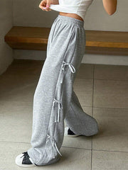 Drawstring Elasticity Solid Color Split-Joint High Waisted Loose Trousers Pants