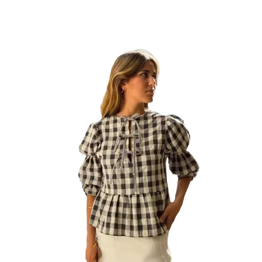 Women's Fashion Casual Plaid Hollow Out Tied Puff Sleeve Shirt