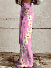 Women's Pink Flower Print Casual Wide Leg Pants