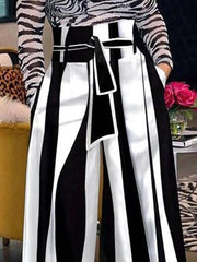 Striped Tied Waist High Waisted Loose Trousers Pants