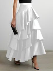 A-Line High Waisted Falbala Solid Color Long Skirts Skirts Bottoms
