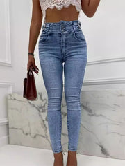 Beads Buttoned Elasticity Pockets Zipper Skinny Jean Pants Bottoms