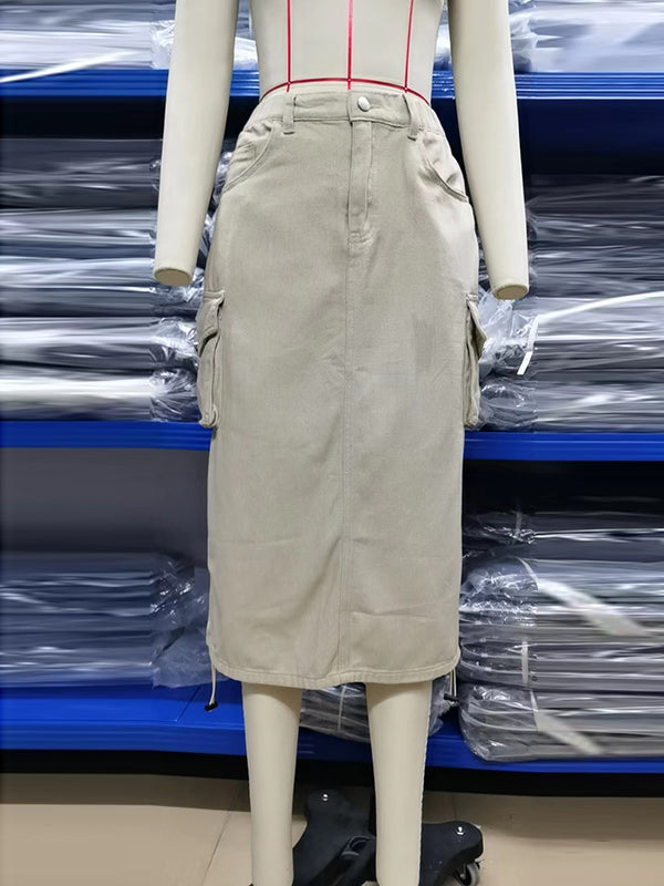Buttoned Drawstring Pockets Solid Color Split-Side A-Line Skirts Bottoms