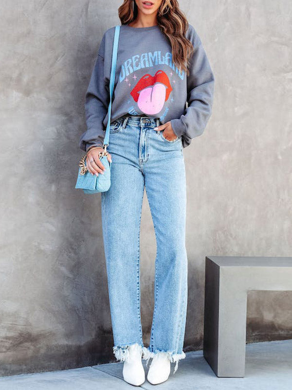 Fringed Split-Joint High Waisted Straight Leg Jean Pants Bottoms
