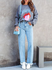 Fringed Split-Joint High Waisted Straight Leg Jean Pants Bottoms