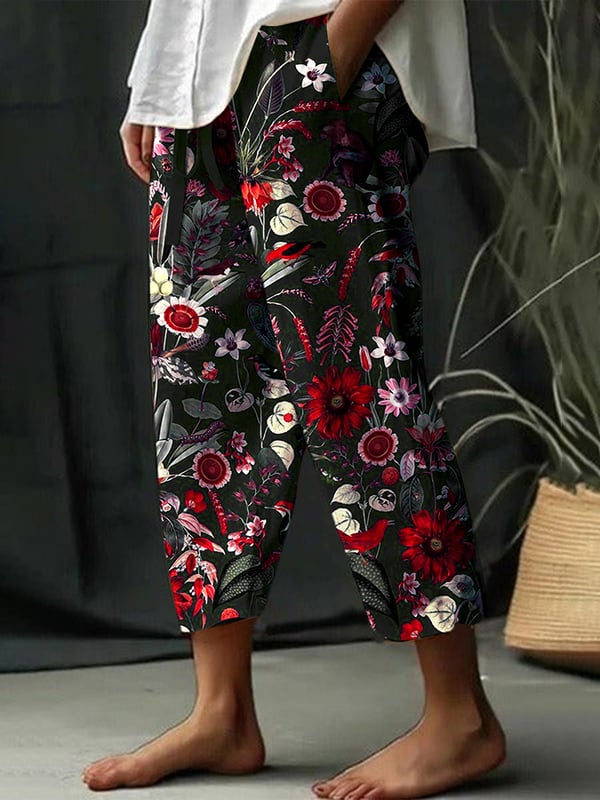 Women's Floral Design Print Lace-Up Loose With Elastic Waist Casual Pants