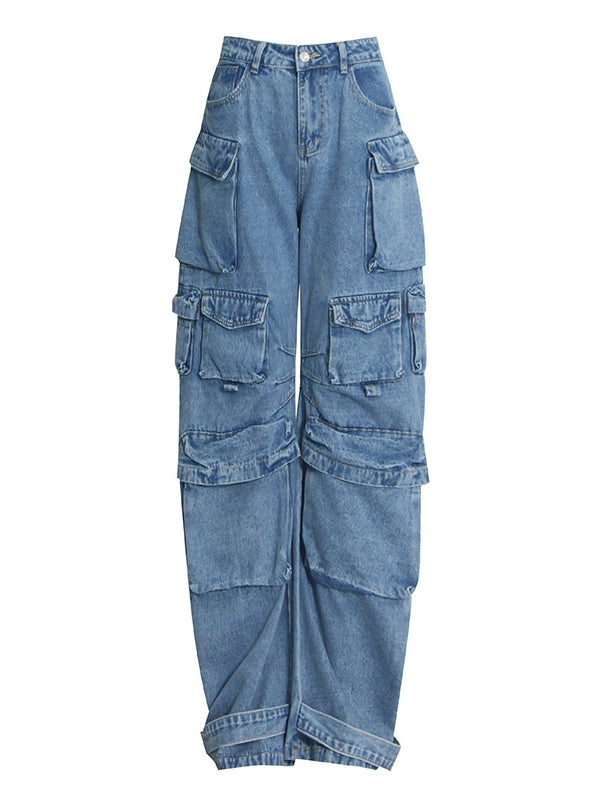 Pleated Pockets Split-Joint Streamer Loose Jean Pants Bottoms