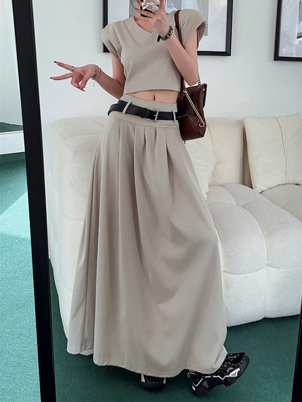 Belted Pleated Solid Color A-Line High Waisted Skirts Bottoms