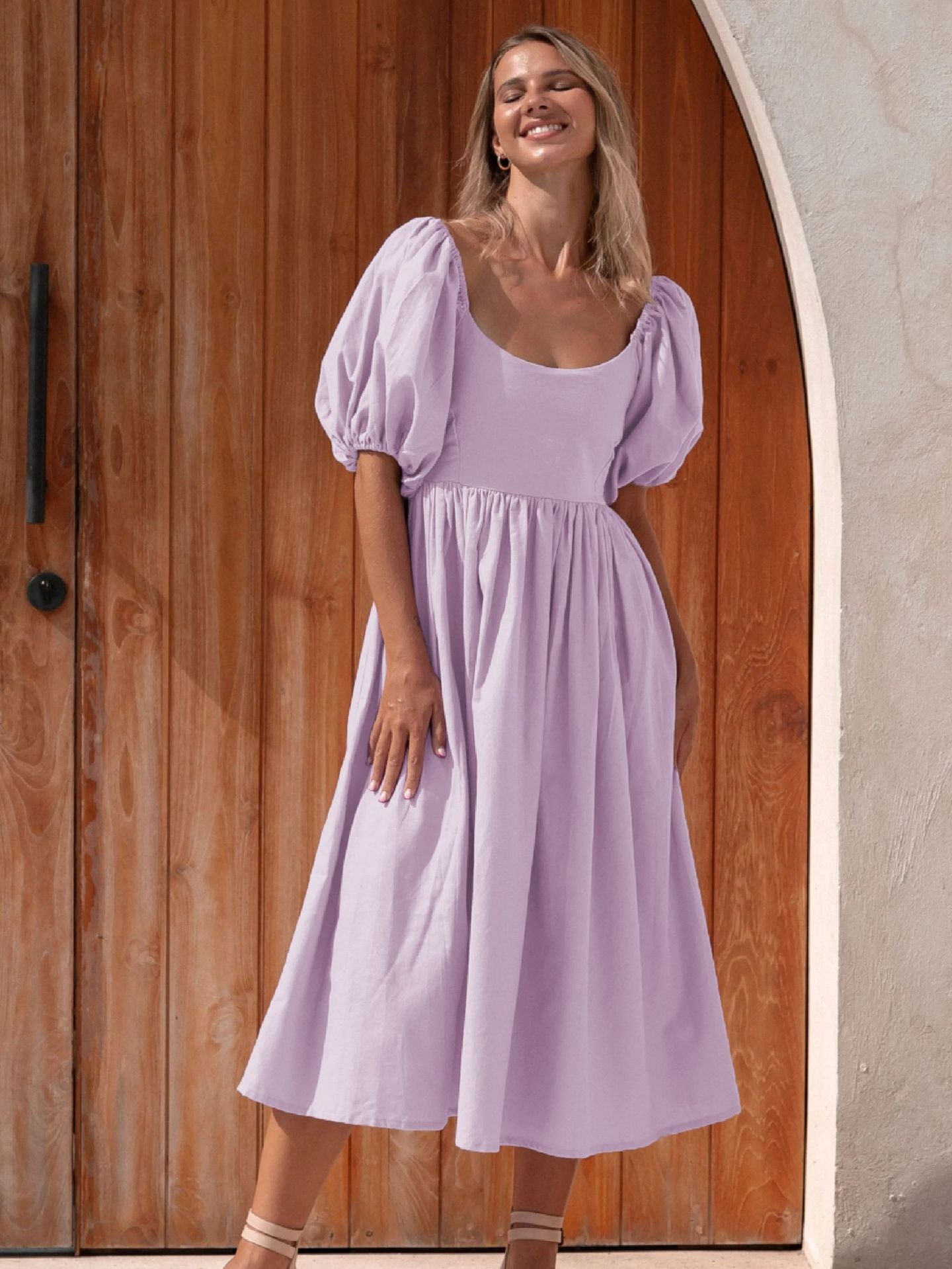 Cherie Puff Sleeve Linen Midi Dress with Backless Detail