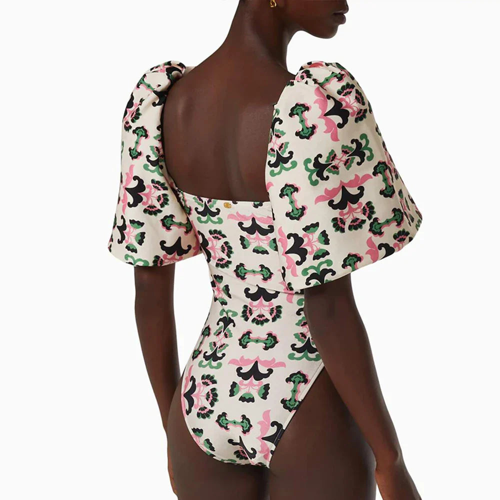Print Twisted Flower Puff Sleeve Swimsuit Fashion High Waist One Piece Bikini Retro Square Neck Slim Swimwear Sexy Backless