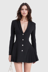 Acosta Plunge Pleat Blazer Mini Dress In Black