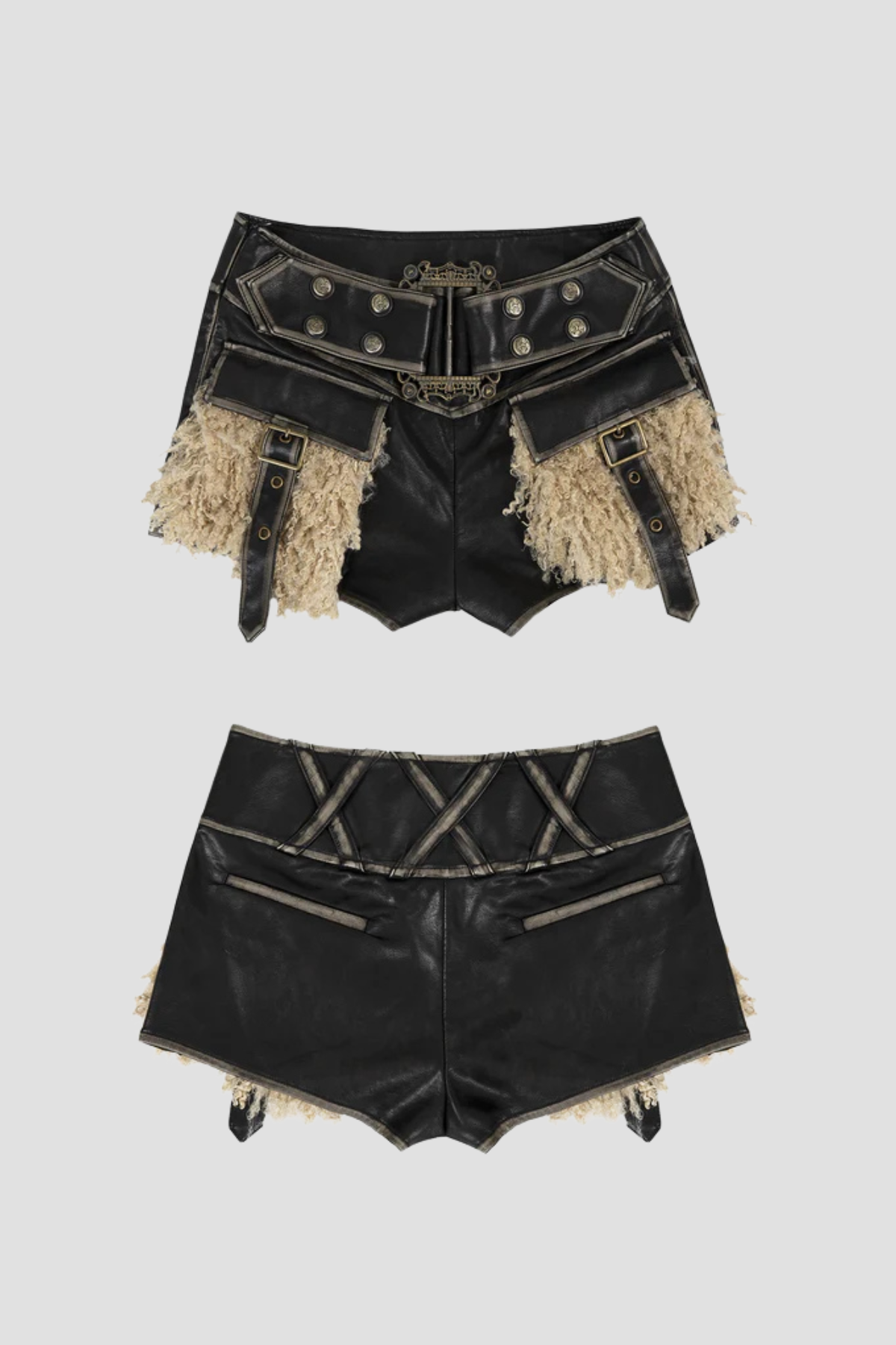 Ahmaud Pocket Buckle Faux Fur Leather Short Pants