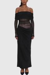 Alucia Off Shoulder Ruch Mesh Maxi Dress In Black