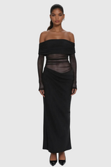 Alucia Off Shoulder Ruch Mesh Maxi Dress In Black