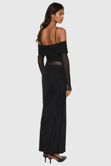Alucia Off Shoulder Ruch Mesh Maxi Dress In Black