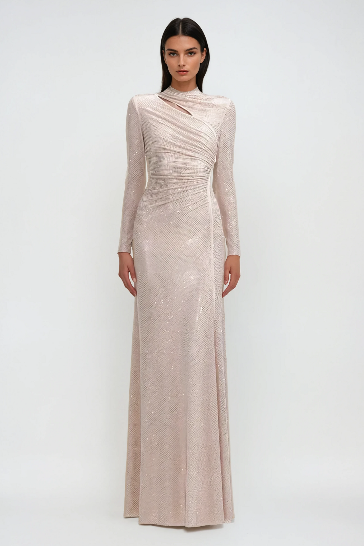 Alter Rhinestone Cutout Ruch Maxi Dress In Apricot