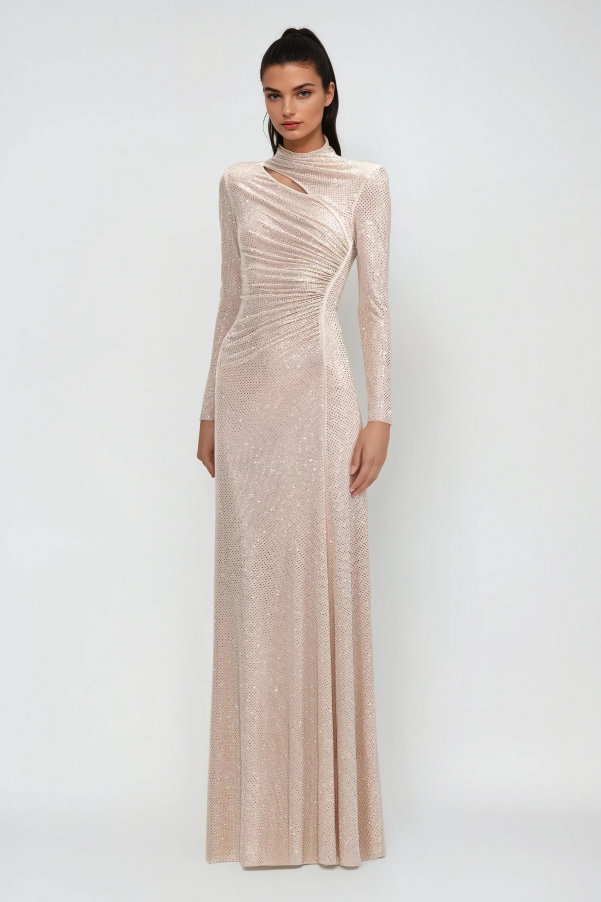 Alter Rhinestone Cutout Ruch Maxi Dress In Apricot