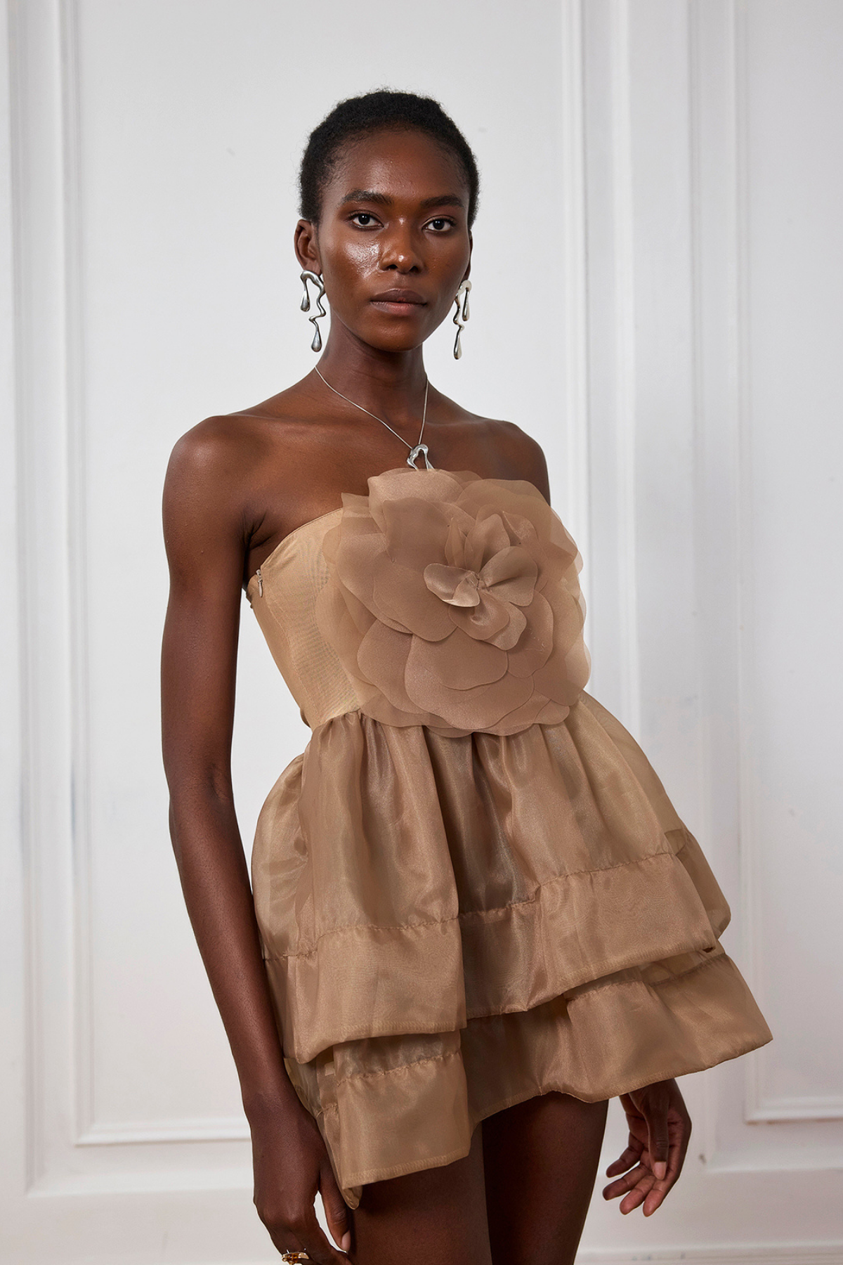 Angelique Flower Mesh Off Shoulder Mini Dress
