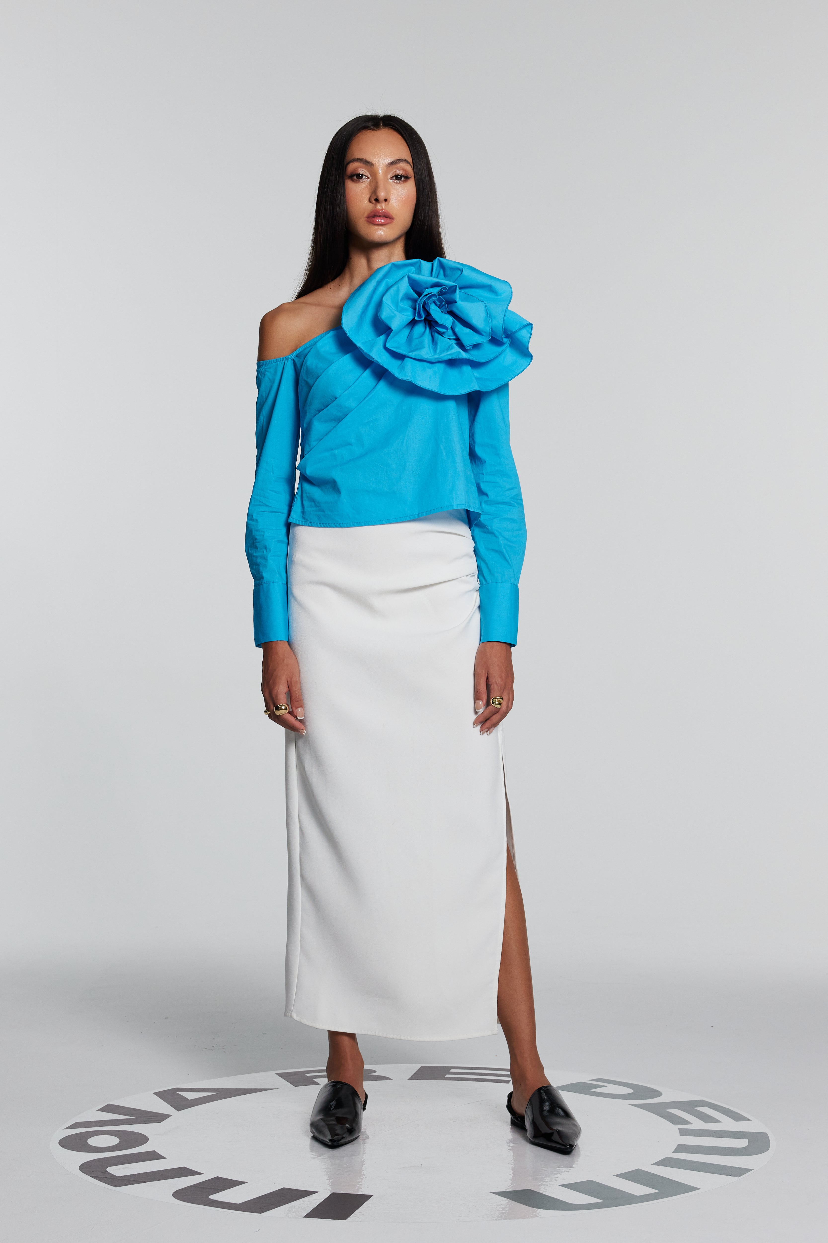 Ashlyn Flower One Shoulder Ruch Shirt