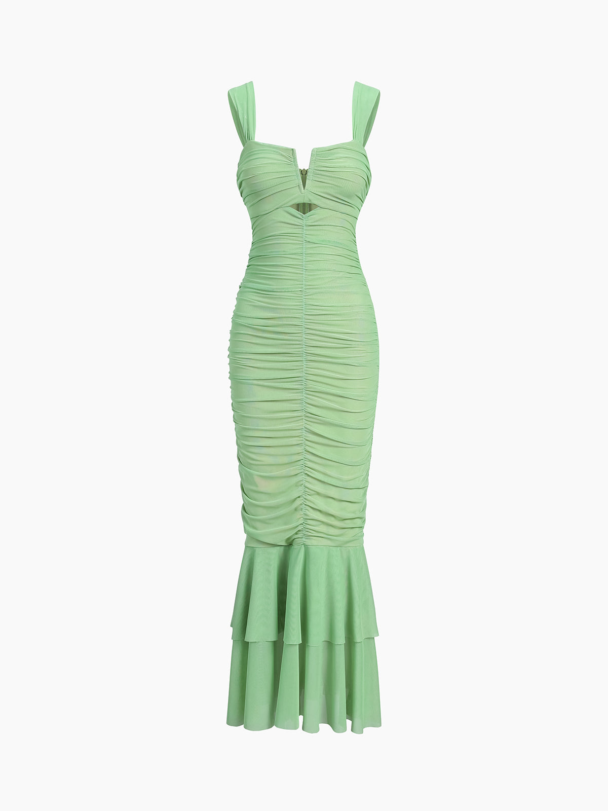 Gerüschtes langes Netzkleid mit Reißverschluss