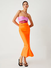 Dreifarbiges Midi-Tube-Kleid mit Twist-Ausschnitt