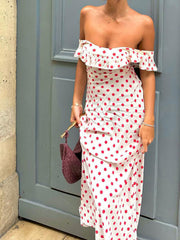 Sweetie Polka Dot Ruffle Hem Off-Shoulder Long Dress