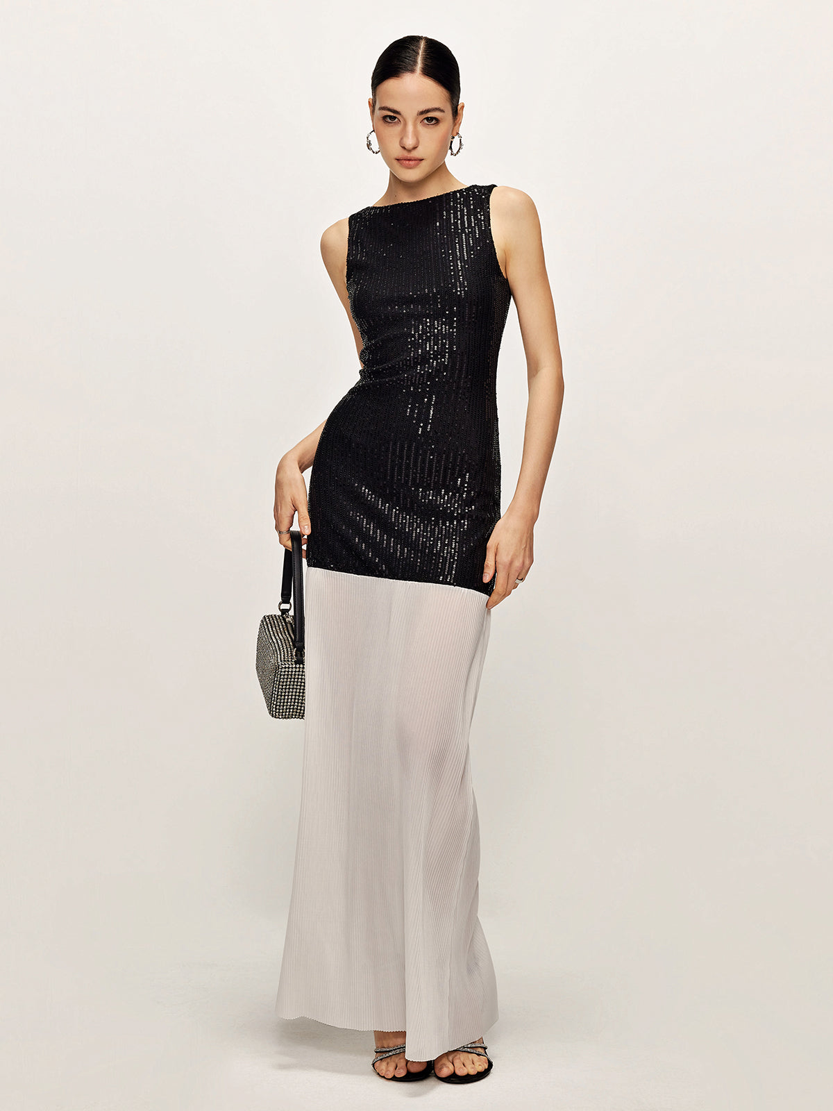 Backless Color Block Sequins Panel Dress