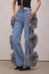Dior Flower Hollow Jeans In Blue