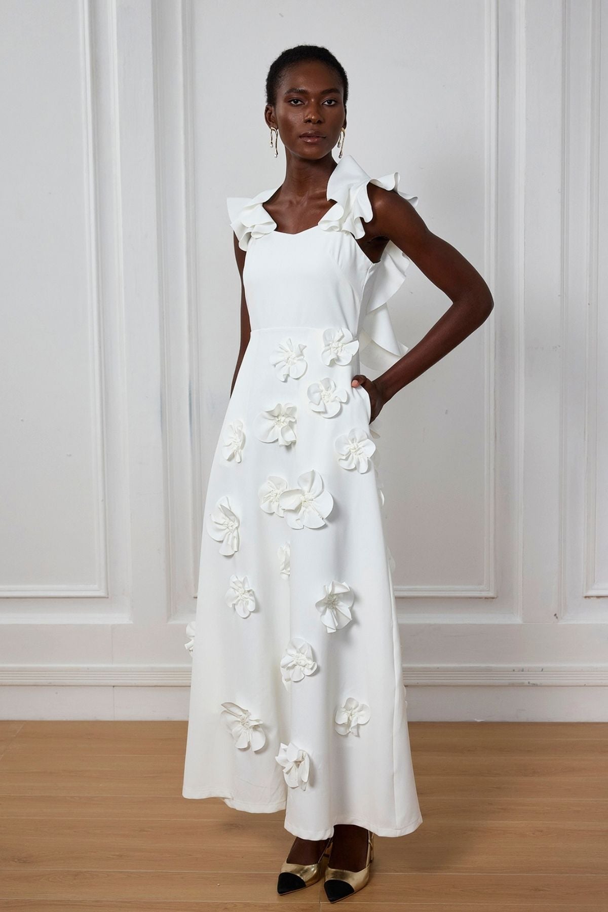 Giovanna Ruffle Flower Sleeveless Maxi Dress