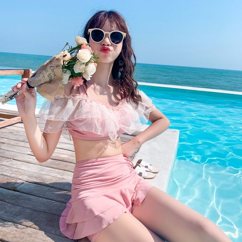 Bikini Set Women Sweet Pink Mesh Patchwork Bikinis Preppy Girls Split Swimsuit High Waist Sexy Sleeveless Strap Woemns Beachwear