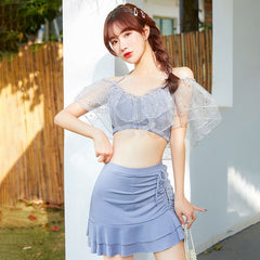 Bikini Set Women Sweet Pink Mesh Patchwork Bikinis Preppy Girls Split Swimsuit High Waist Sexy Sleeveless Strap Woemns Beachwear