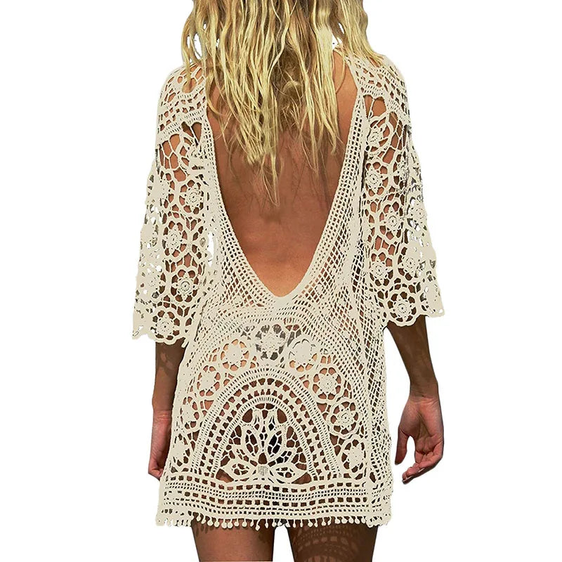 Sexy Women's Bathing Suit Cover Up Crochet Lace Bikini Bathing Suit Swimsuit Smock Knitting Swimwear Mesh Beach Dress Tunic Robe