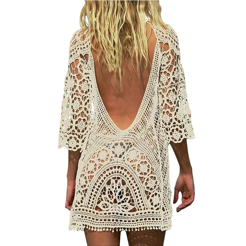 Sexy Women's Bathing Suit Cover Up Crochet Lace Bikini Bathing Suit Swimsuit Smock Knitting Swimwear Mesh Beach Dress Tunic Robe