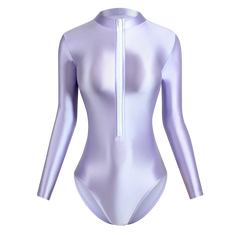Satin Shiny Japanese Women's Sexy Body Suits Front Zipper Long Sleeve Tight Glossy Silky High Cut One Piece Swimsuit Plus Size