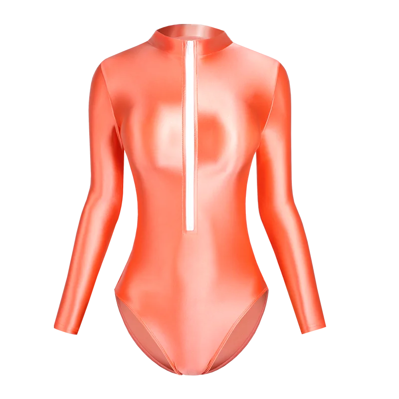 Satin Shiny Japanese Women's Sexy Body Suits Front Zipper Long Sleeve Tight Glossy Silky High Cut One Piece Swimsuit Plus Size