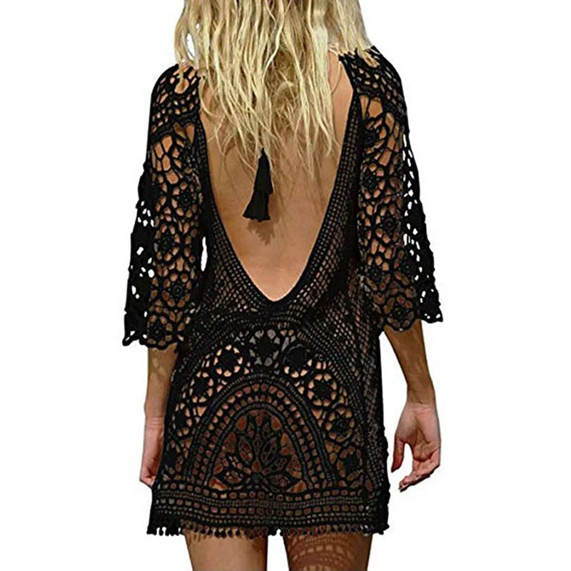 Sexy Women's Bathing Suit Cover Up Crochet Lace Bikini Bathing Suit Swimsuit Smock Knitting Swimwear Mesh Beach Dress Tunic Robe