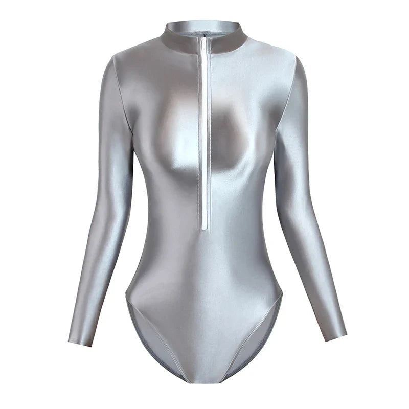 Satin Shiny Japanese Women's Sexy Body Suits Front Zipper Long Sleeve Tight Glossy Silky High Cut One Piece Swimsuit Plus Size