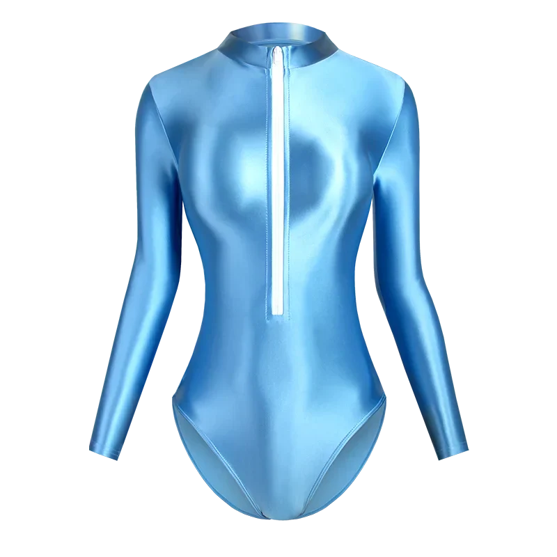Satin Shiny Japanese Women's Sexy Body Suits Front Zipper Long Sleeve Tight Glossy Silky High Cut One Piece Swimsuit Plus Size