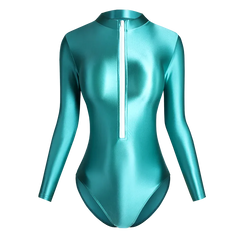 Satin Shiny Japanese Women's Sexy Body Suits Front Zipper Long Sleeve Tight Glossy Silky High Cut One Piece Swimsuit Plus Size