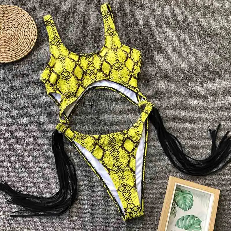 2023 New Sexy Leopard Swimwear Tummy Cut Out One Piece Swimsuit Female Tassel Bather Hollow Out Bathing Suit Swim Wear Lady 3880