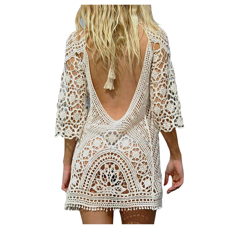 Sexy Women's Bathing Suit Cover Up Crochet Lace Bikini Bathing Suit Swimsuit Smock Knitting Swimwear Mesh Beach Dress Tunic Robe