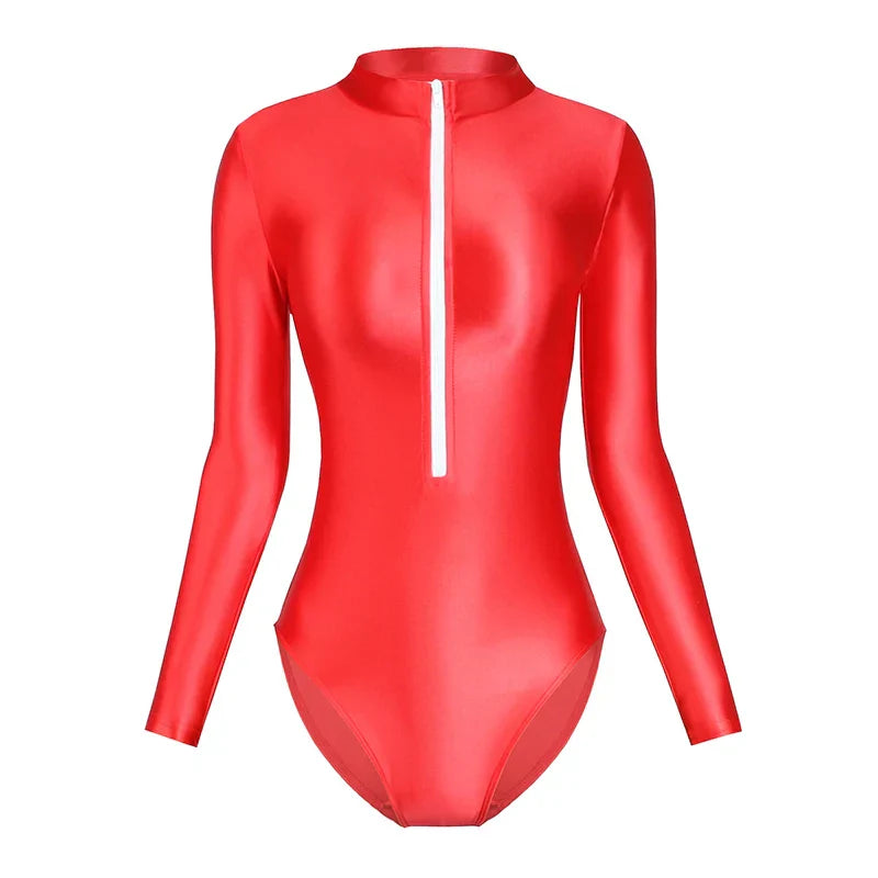 Satin Shiny Japanese Women's Sexy Body Suits Front Zipper Long Sleeve Tight Glossy Silky High Cut One Piece Swimsuit Plus Size