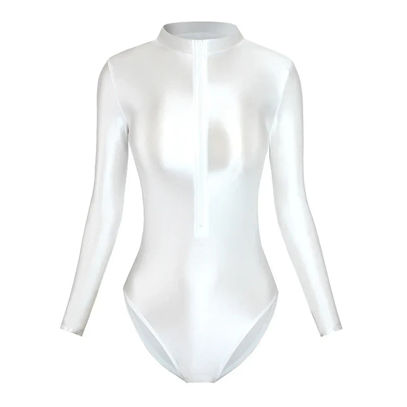 Satin Shiny Japanese Women's Sexy Body Suits Front Zipper Long Sleeve Tight Glossy Silky High Cut One Piece Swimsuit Plus Size